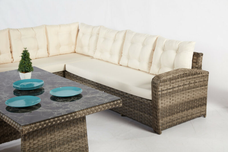 Marinera loungegrupp - Detalj soffa + matbord med glasskiva - Utemöbler