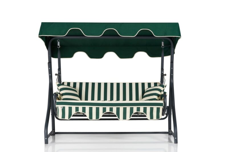 Muriel hammock, 3-sits - Trädgårdssoffa med randigt grönt tyg och grönt soltak, Folkets Möbler