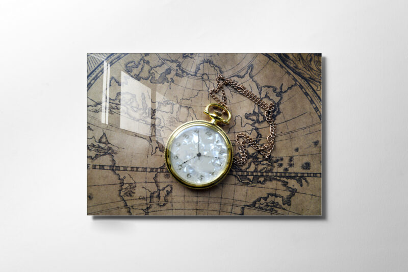 Fickur i guld, glastavla - Motiv med guld, klocka, ur, karta, atlas